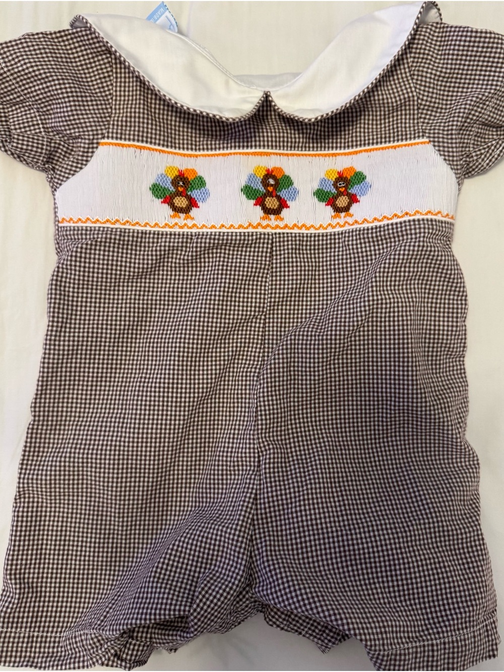 Smocked Brown Gingham One-Piece with Turkey Embroidery